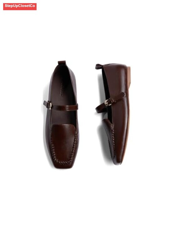 Shoes - Faux Leather Mary Jane Ballet Flats Square Toe Cushioned Slip On Work